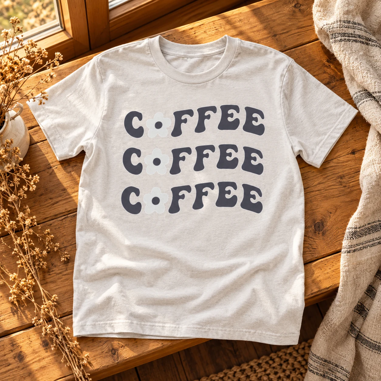 Coffee Coffee Coffee T-Shirt in a warm styled setting