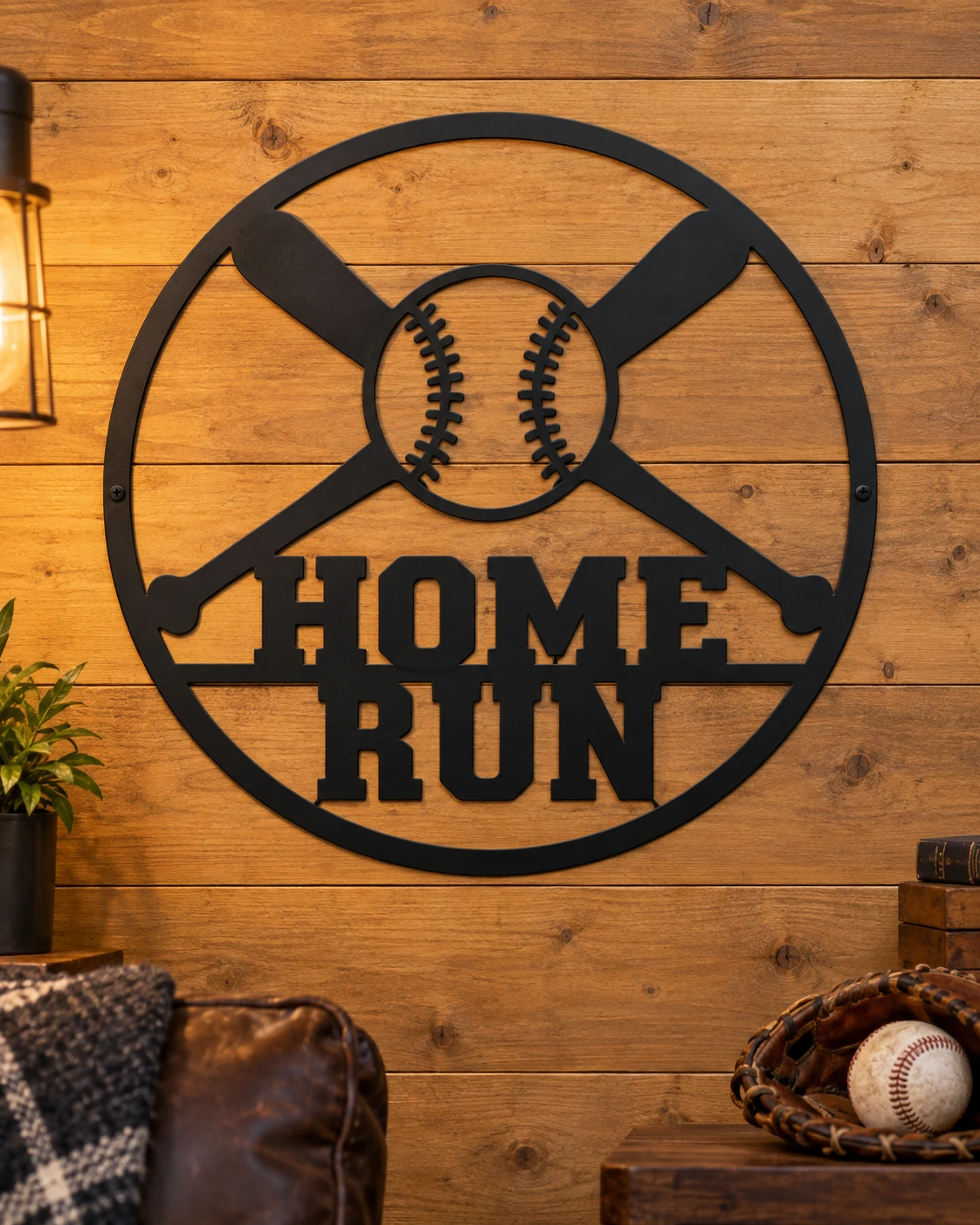 Home Run metal sign in a warm rustic setting