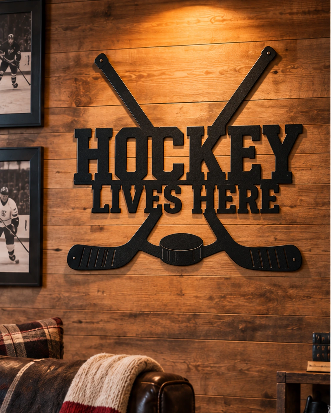 Hockey Lives Here metal sign in a warm recreation room