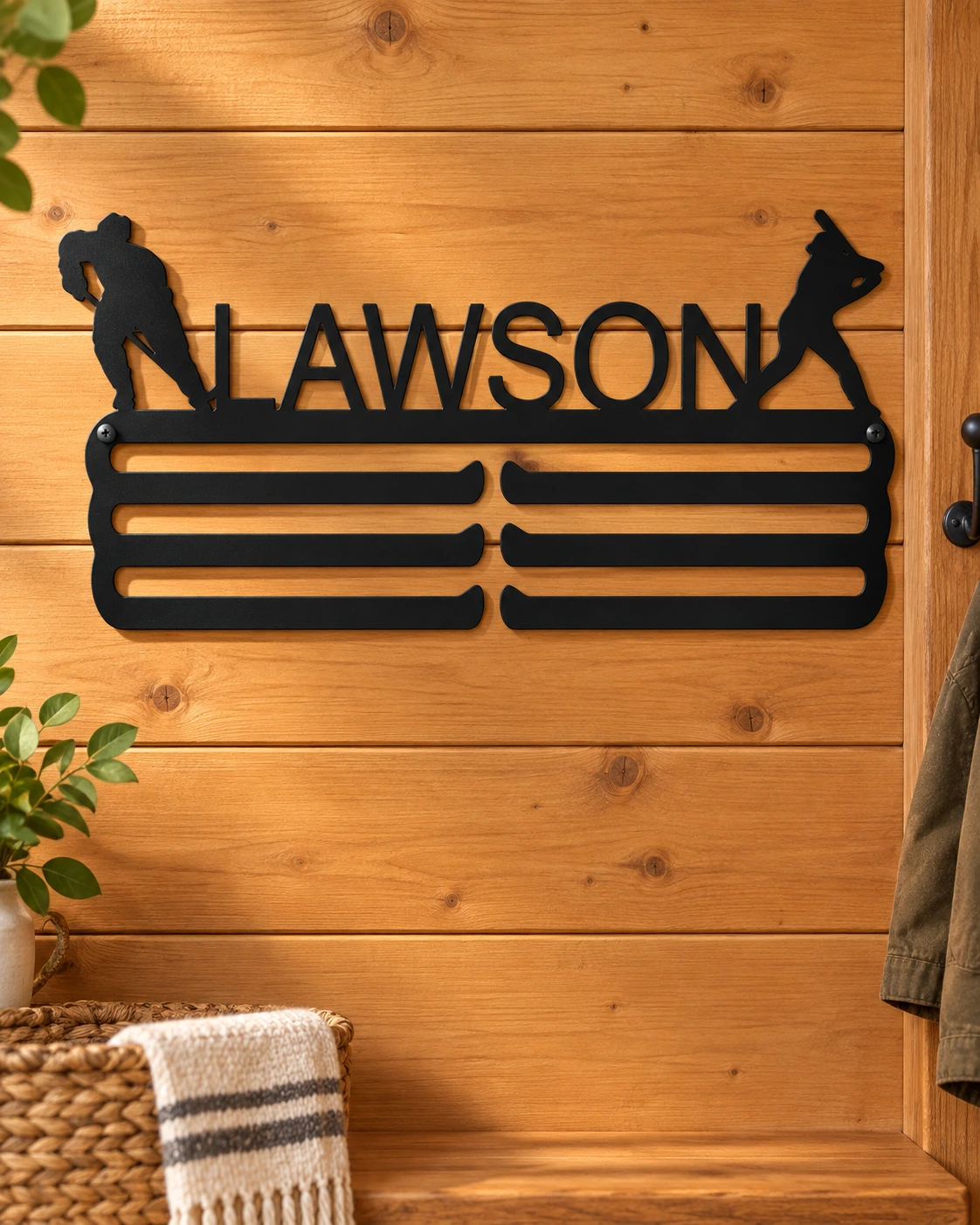 Custom Medal Holder metal sign in a warm rustic setting