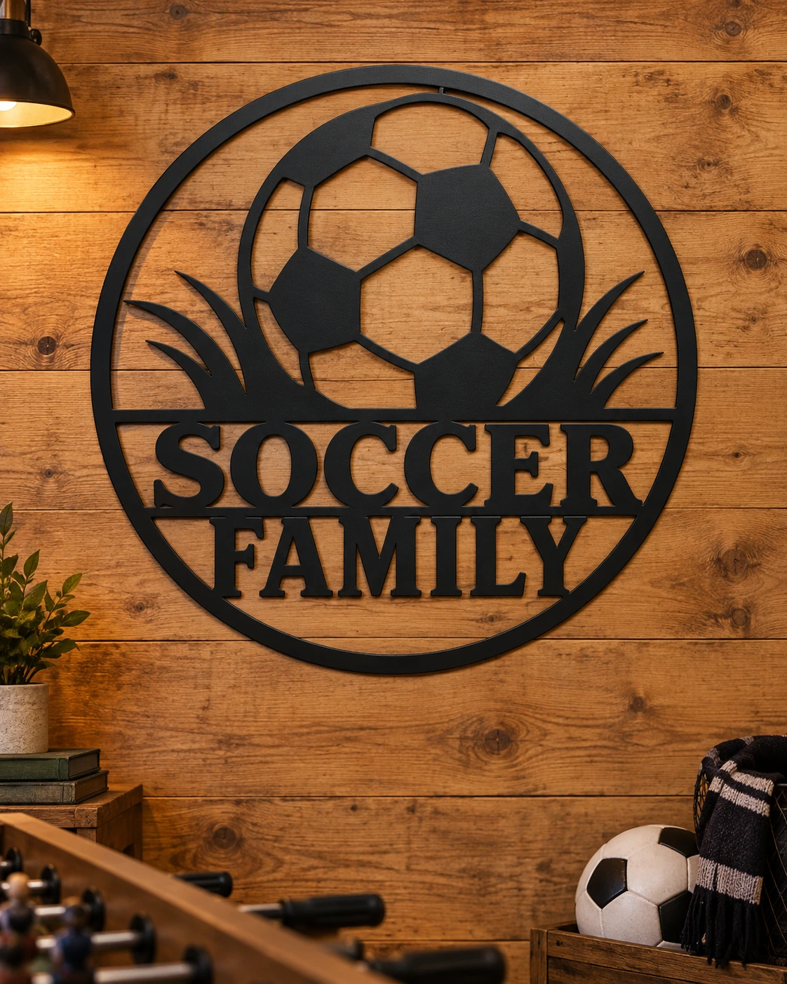 Soccer Family metal sign in a warm rustic setting