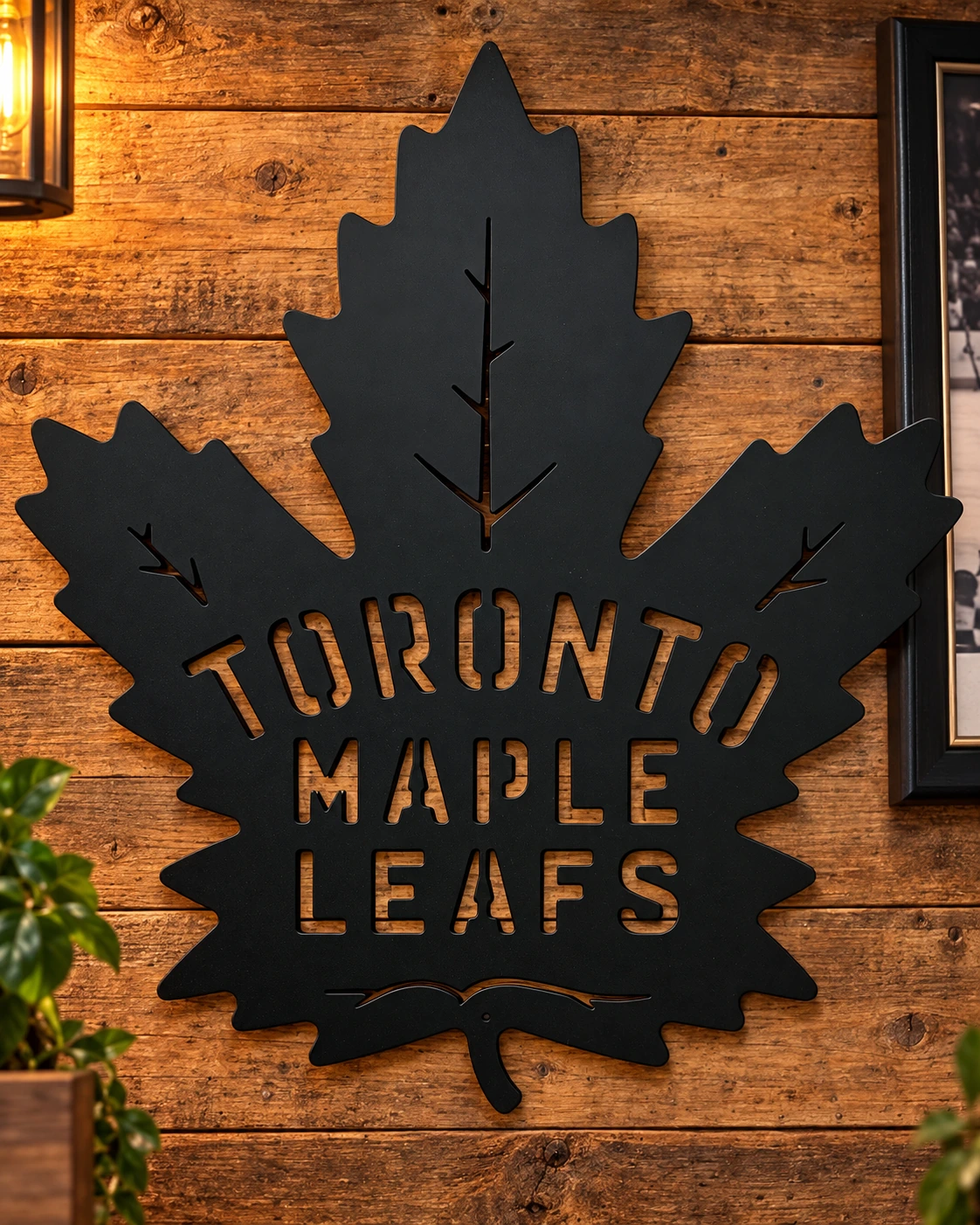 Toronto Maple Leafs metal sign in a warm rustic setting
