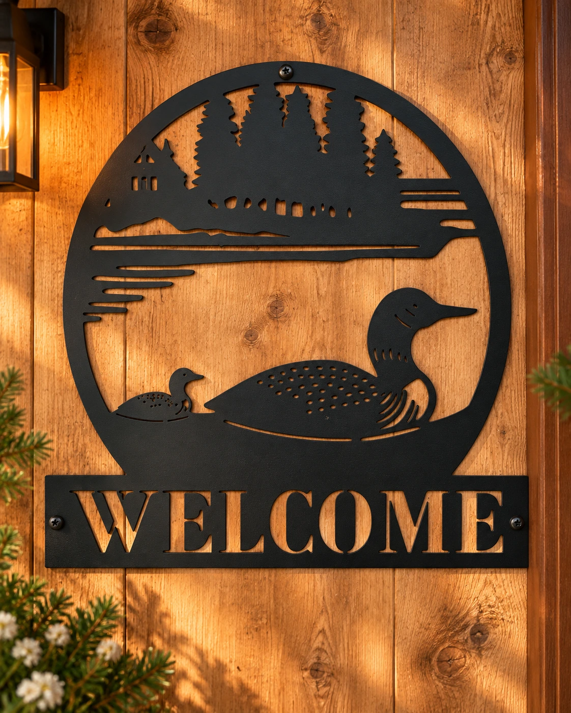 Welcome with Ducks metal sign in a warm rustic setting