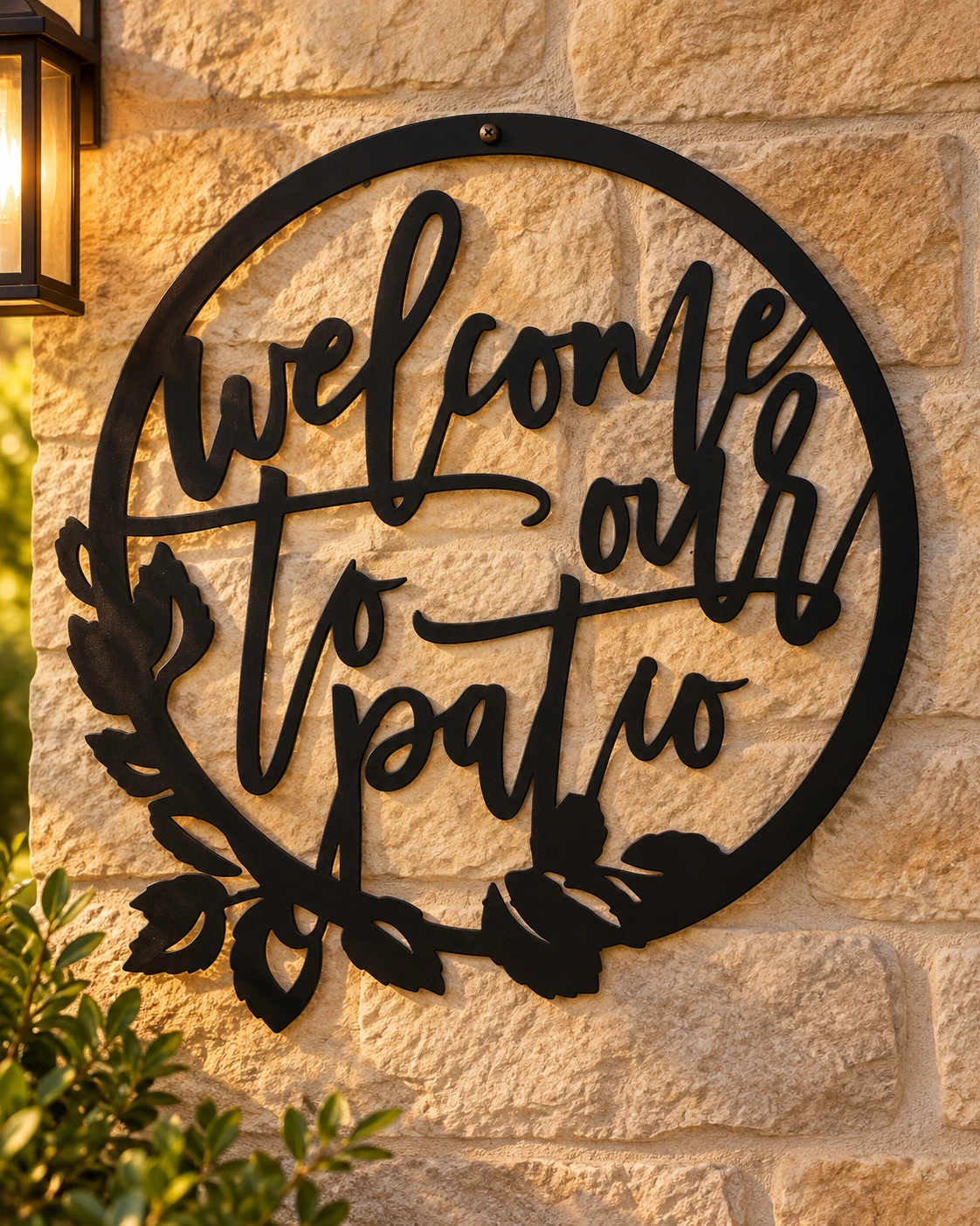 Welcome to Our Patio metal sign in a warm rustic setting