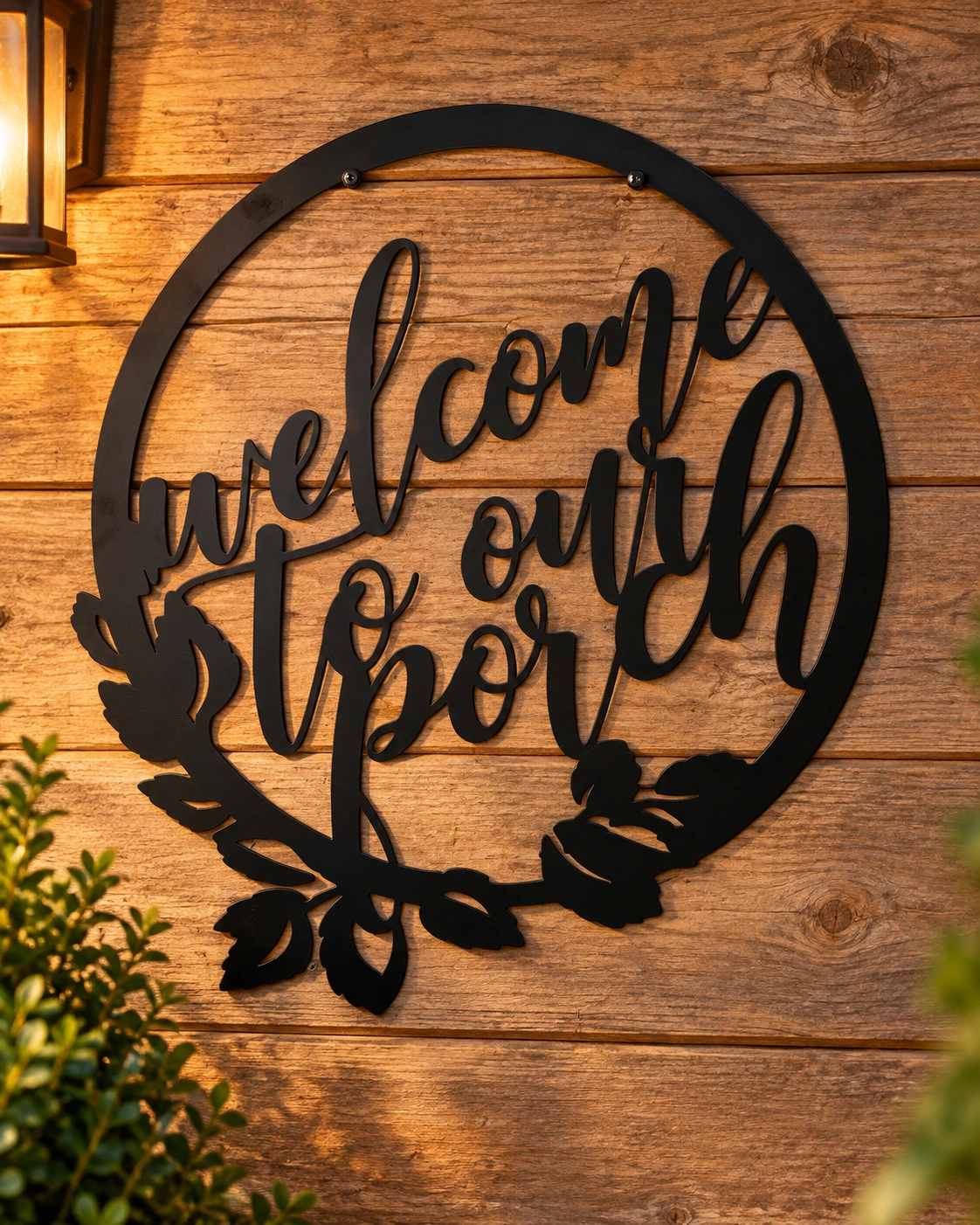 Welcome to Our Porch metal sign in a warm rustic setting