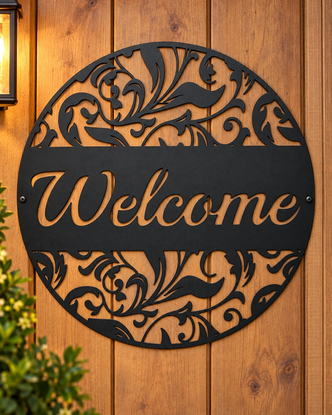 Round Welcome metal sign in a warm rustic setting