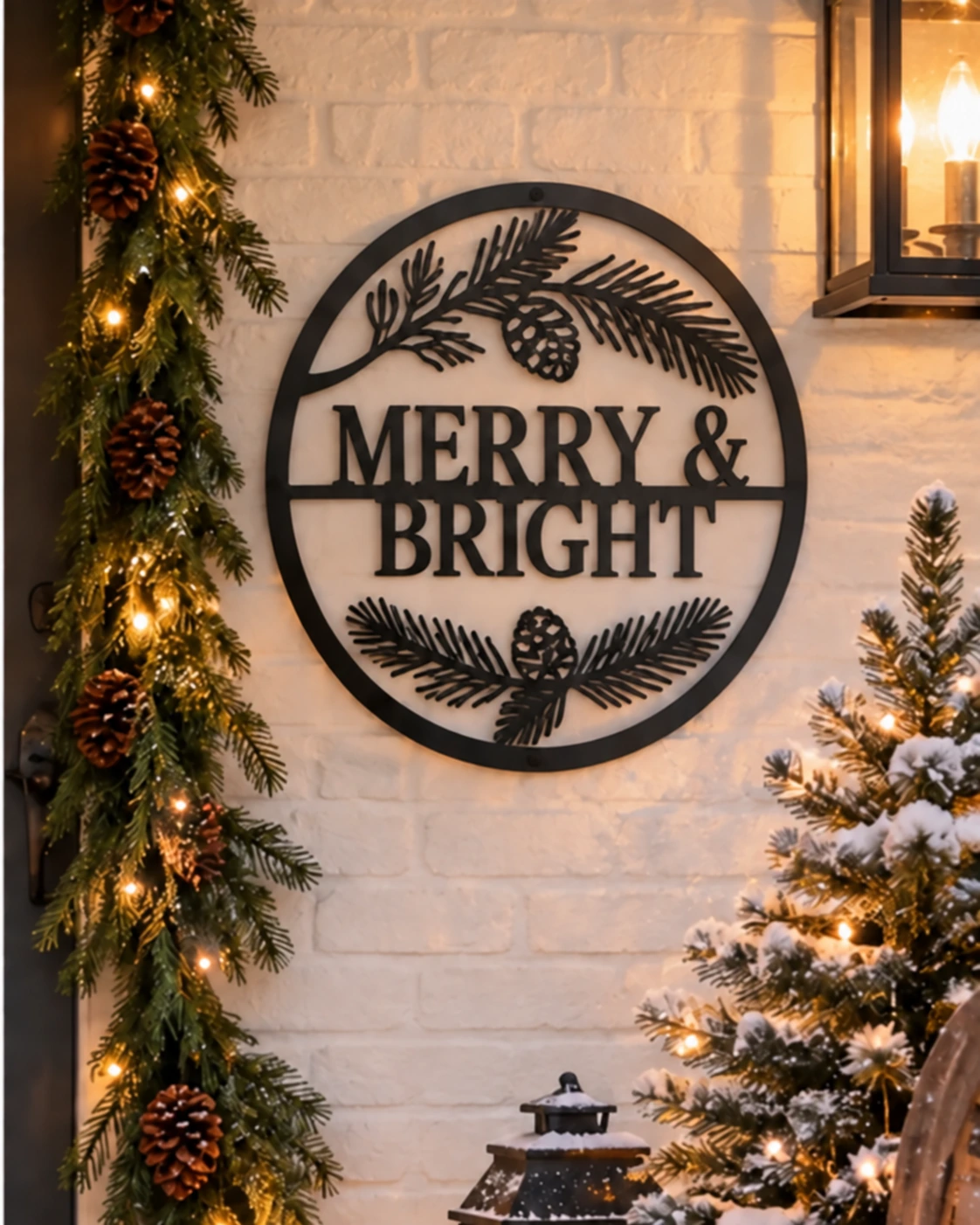 Merry and Bright metal sign on a warmly lit winter porch